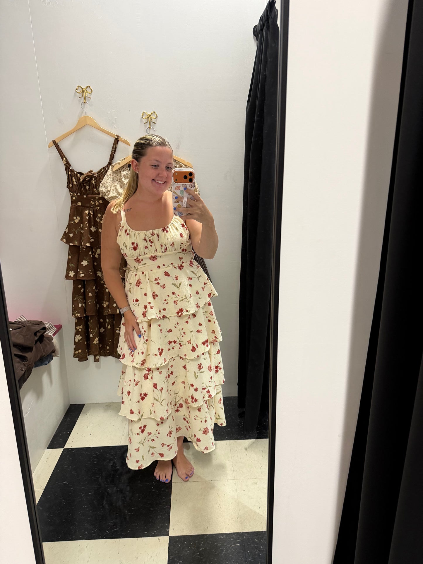 CASEY FLORAL RUFFLE TIER MIDI DRESS - CHAMPAGNE