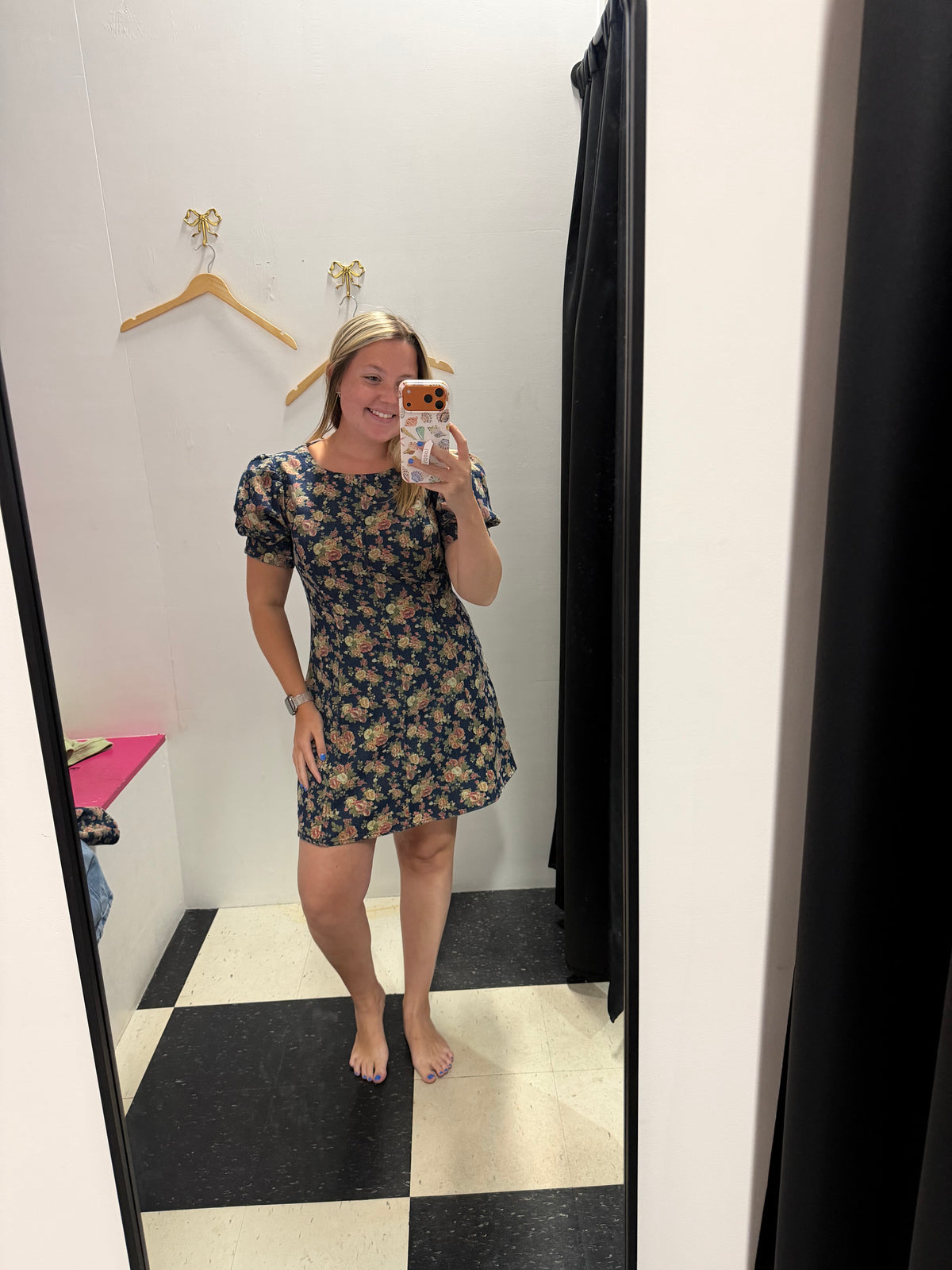 Floral Puff Sleeve Denim Dress