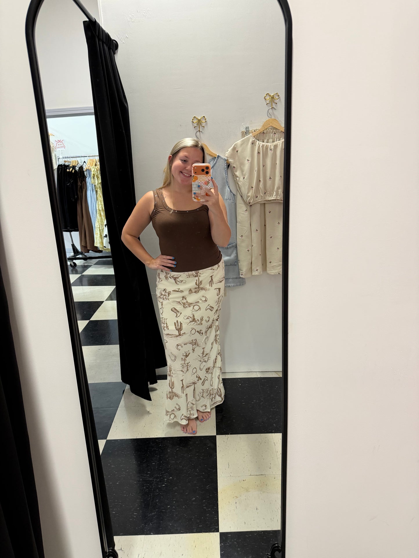 Western Print Lace Trim Midi Skirt