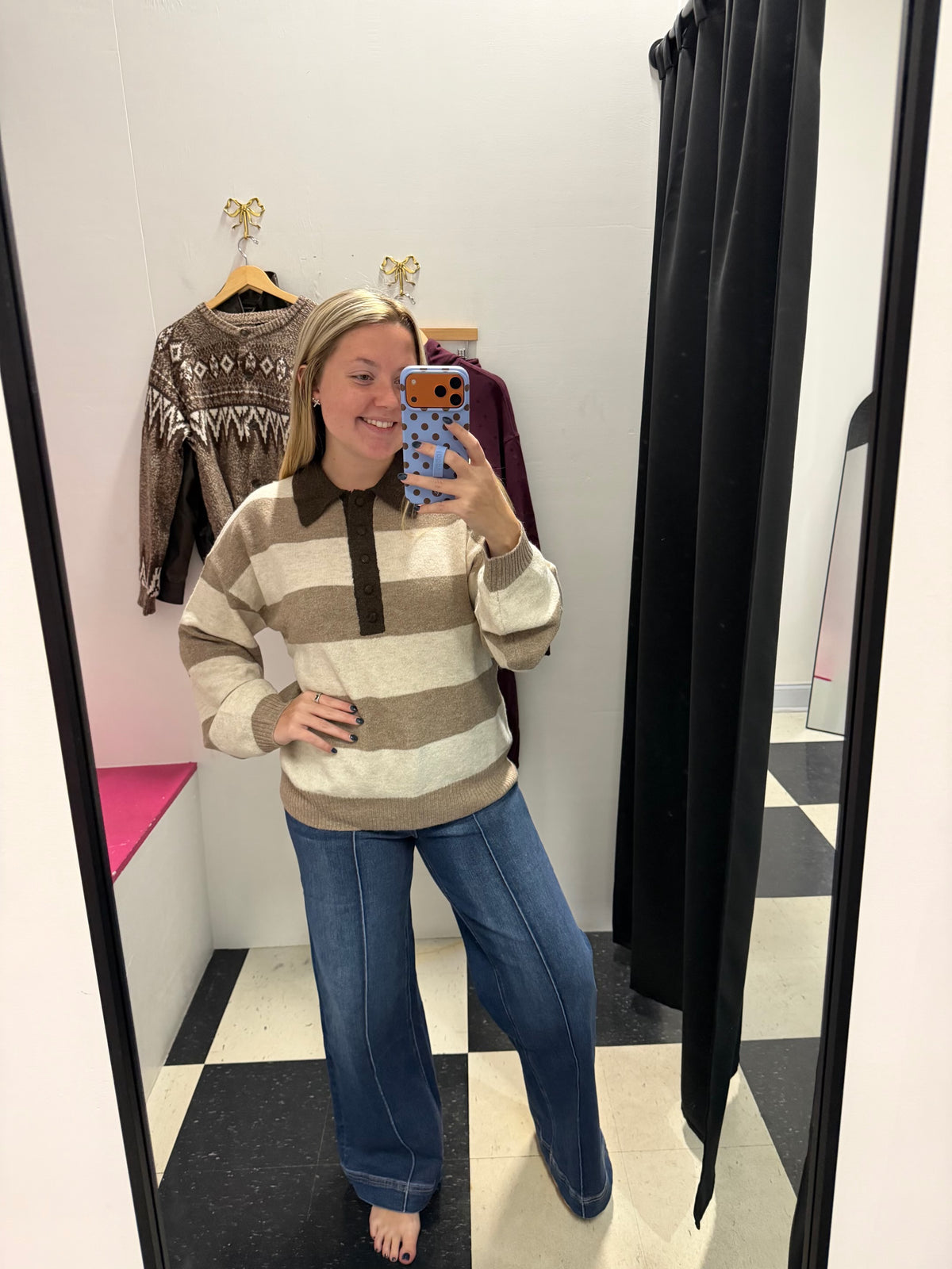 HEATHERED STRIPED POLO SWEATER