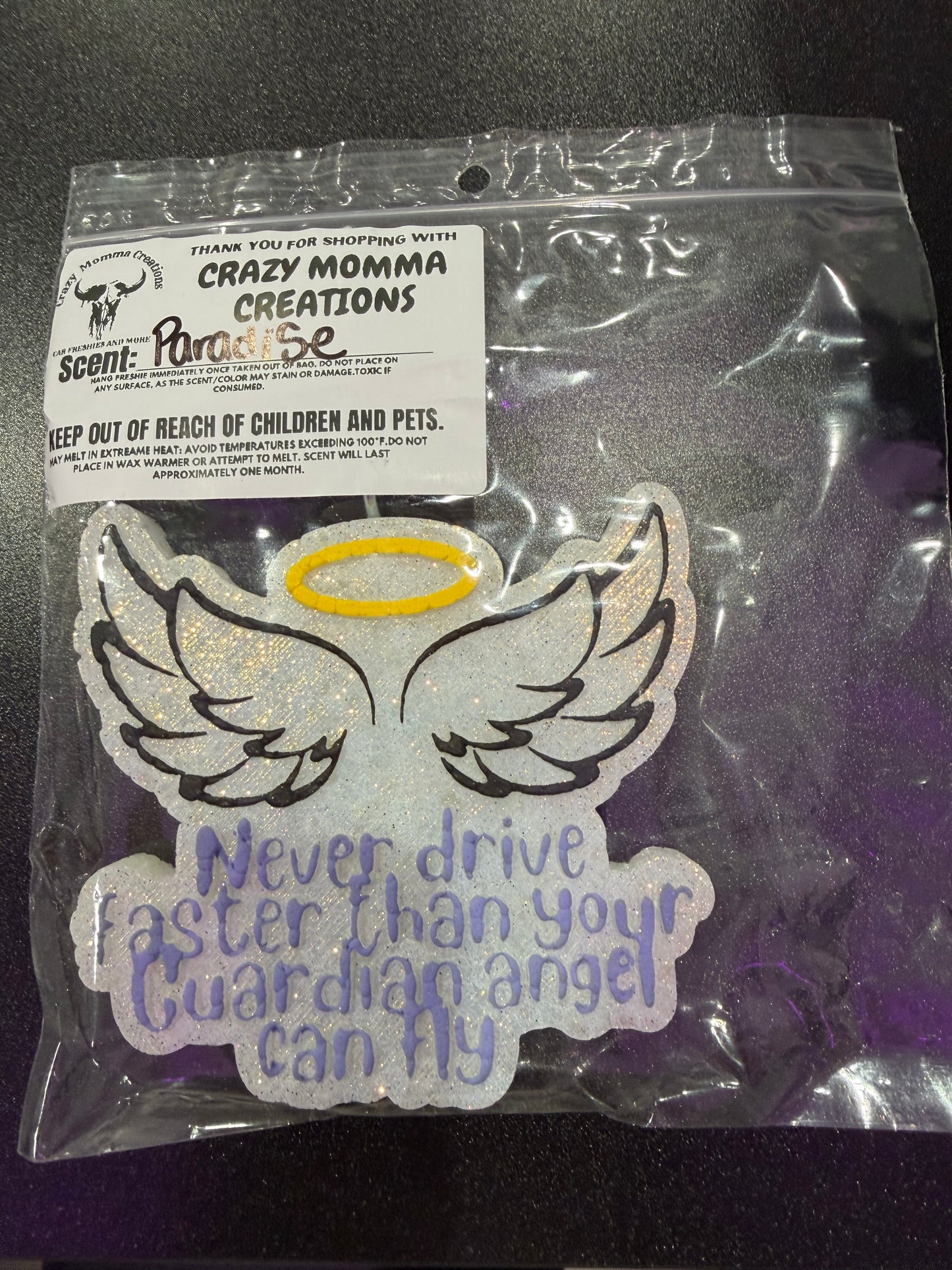 Never Faster Than Your Guardian Angel Freshie - White