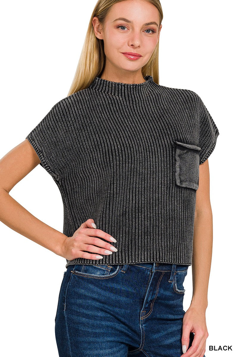 WASHED MOCK NECK CROPPED SWEATER - BLACK