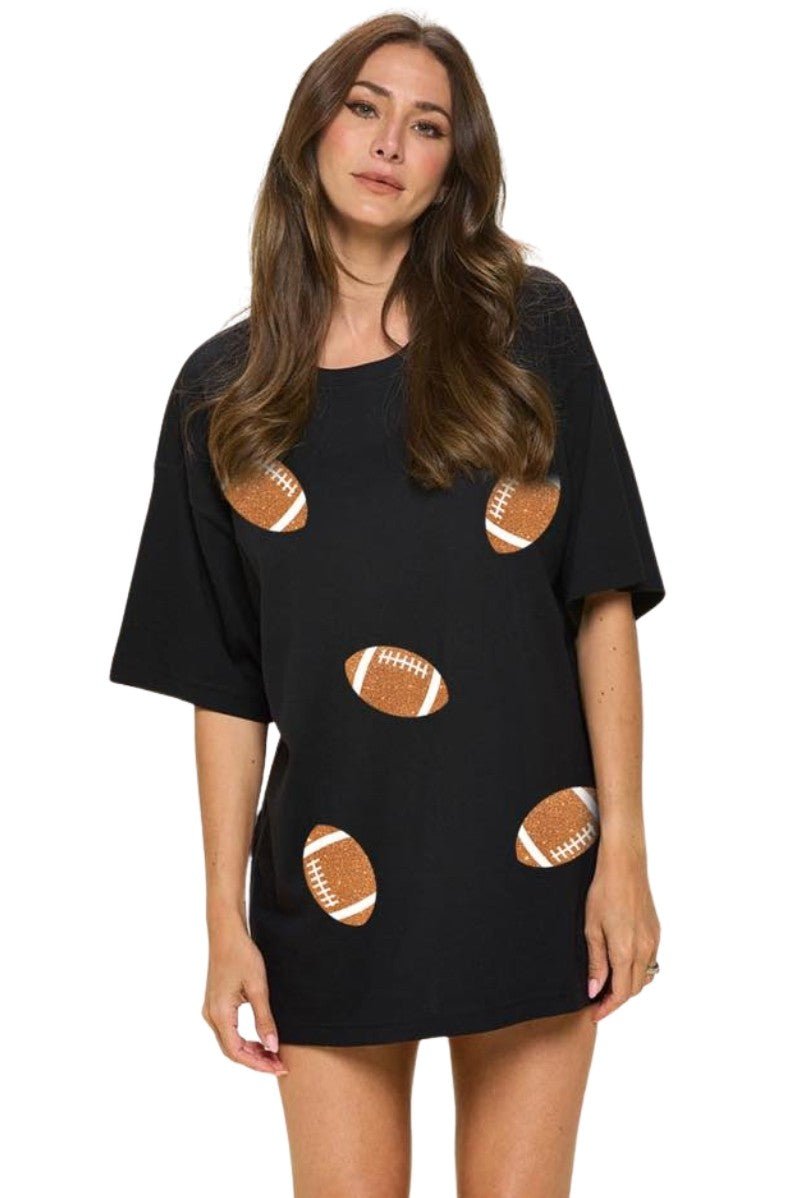 GLITTER FOOTBALL TEE - BLACK