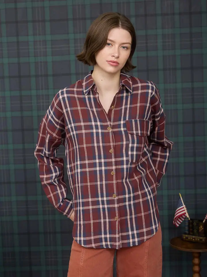QUINN PLAID BUTTON DOWN SHIRT - BURGUNDY