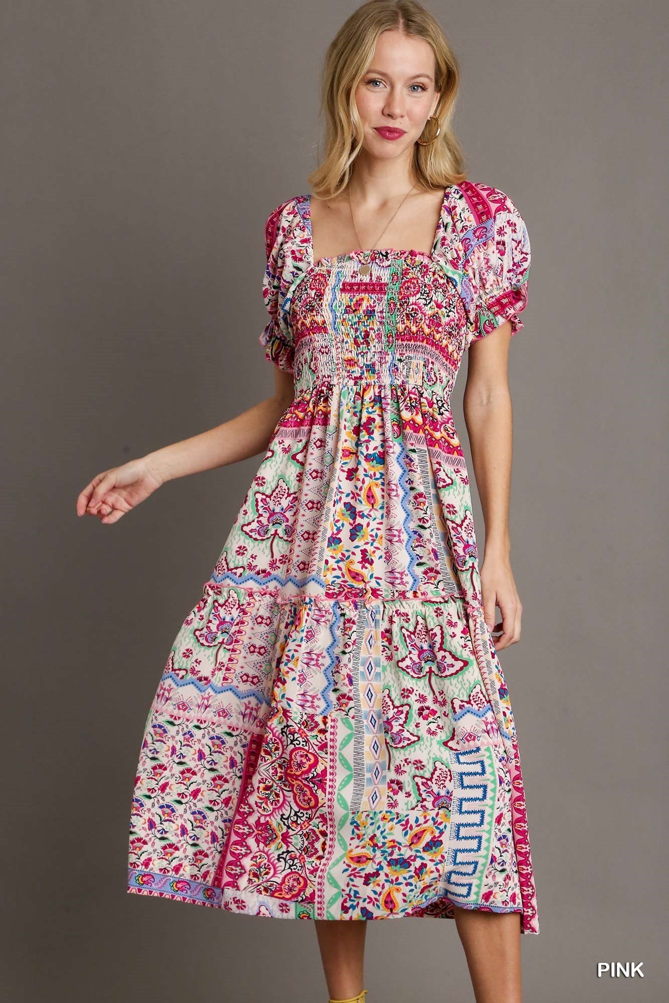 MIXED PRINT MIDI DRESS