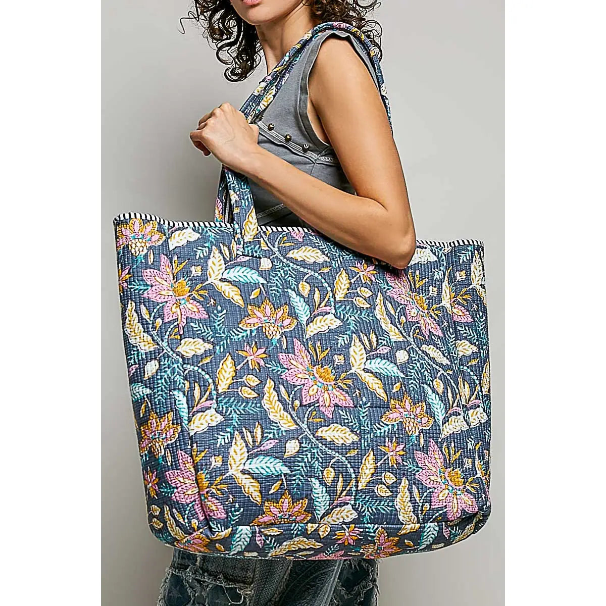 QUILTED TEXTURED PRINTED TOTE BAG - CHARCOAL