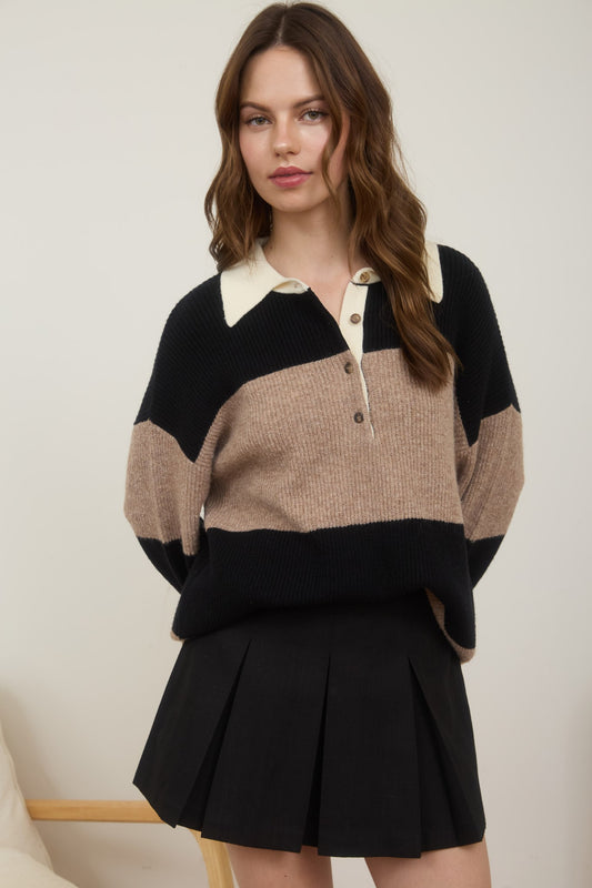 WIDE STRIPE COLLARED POLO SWEATER