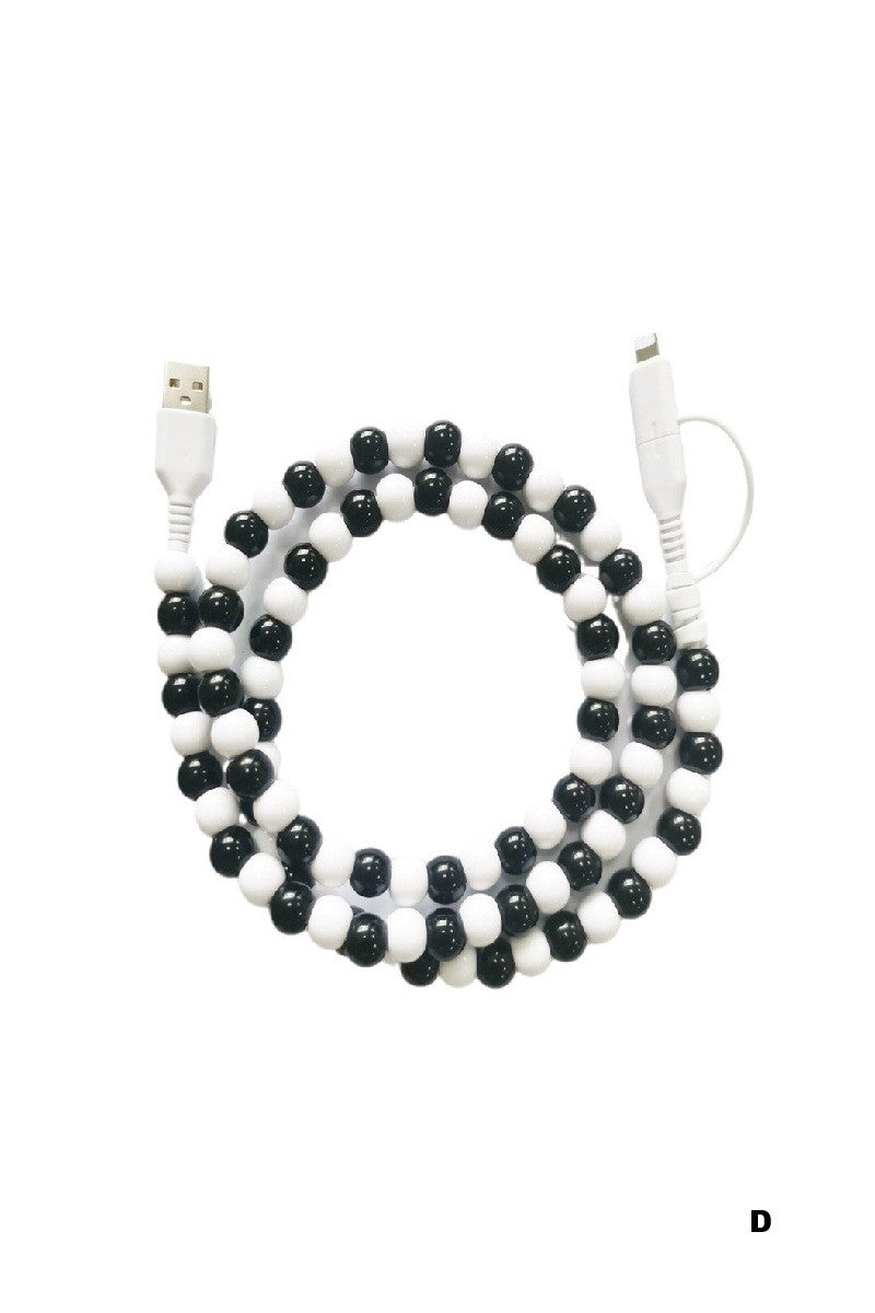 BEADED DUAL USB CHARGING CABLE - BLACK/WHITE