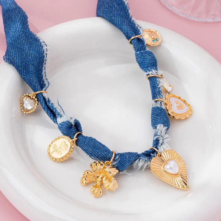 DISTRESSED DENIM SCARF CHARM NECKLACE