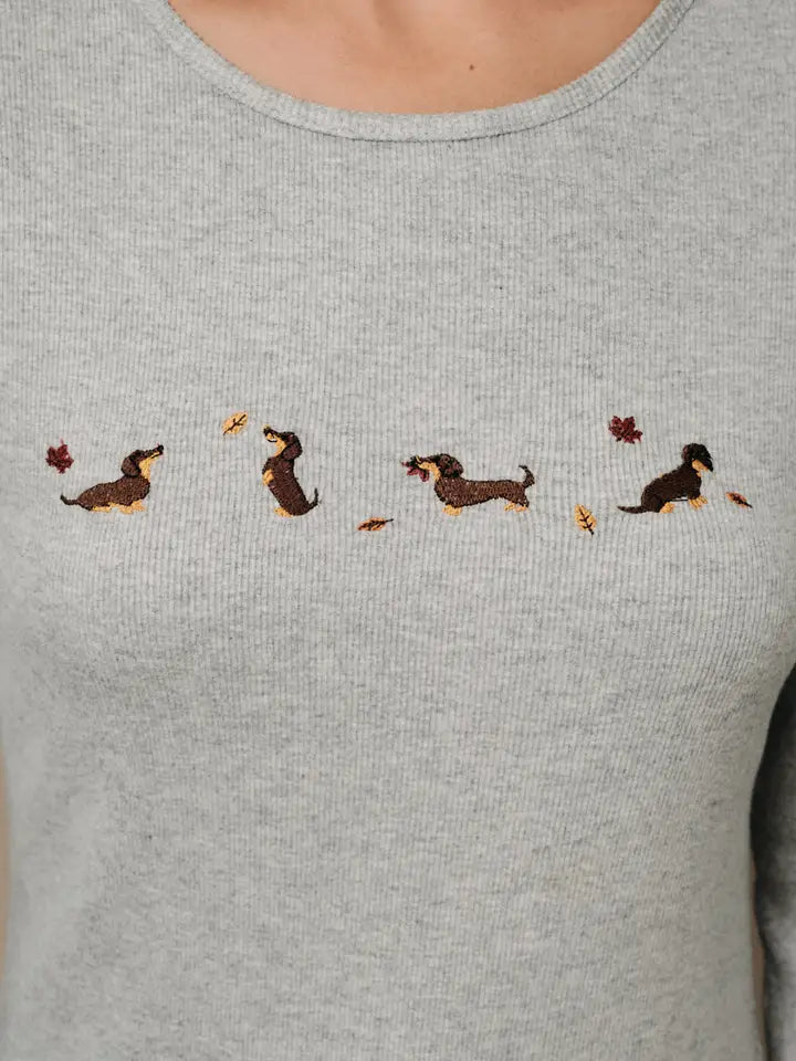 FALL DOG EMBROIDERED LONG SLEEVE TOP - FINAL SALE