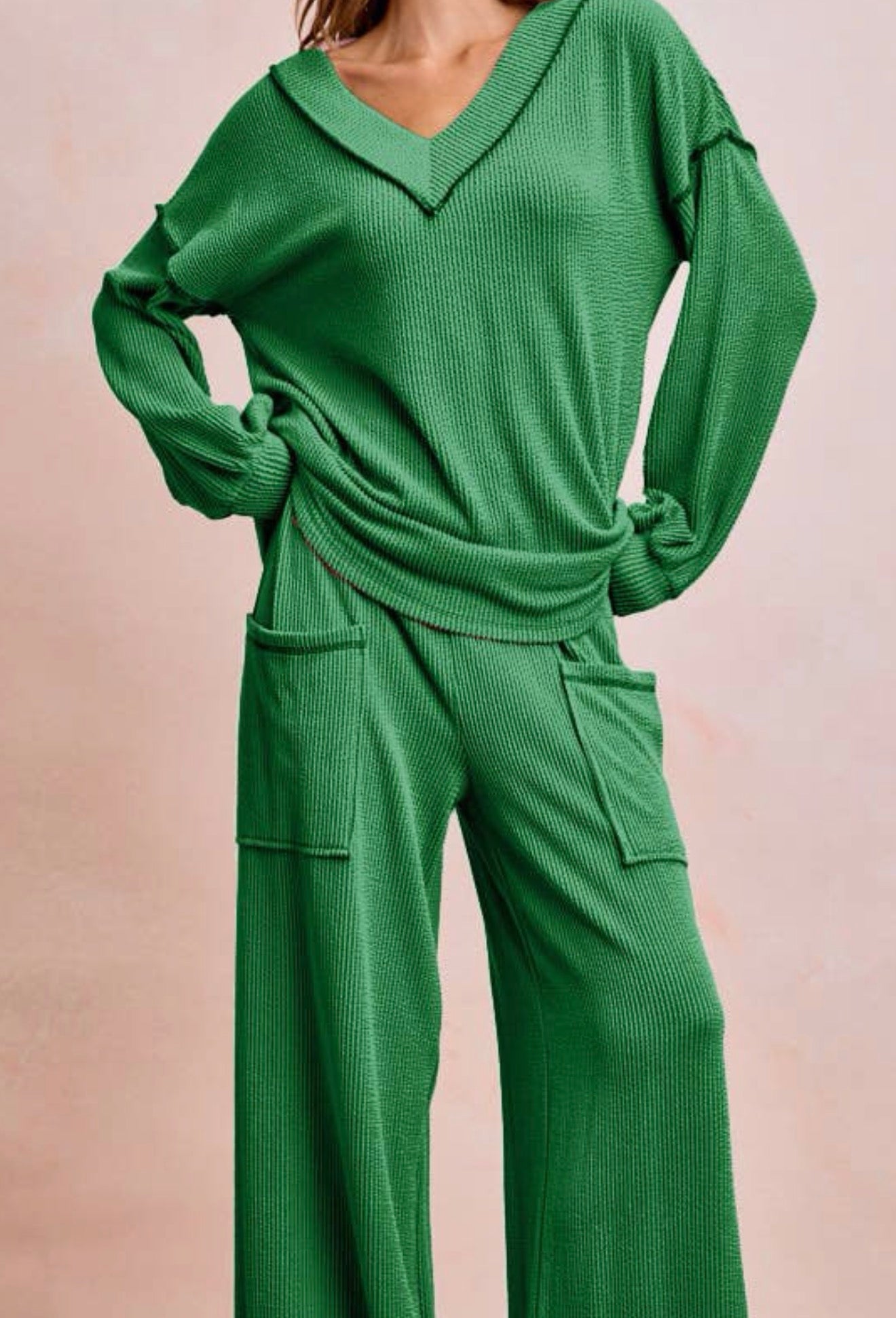 Cord Contrast Ribbed Pants - Green