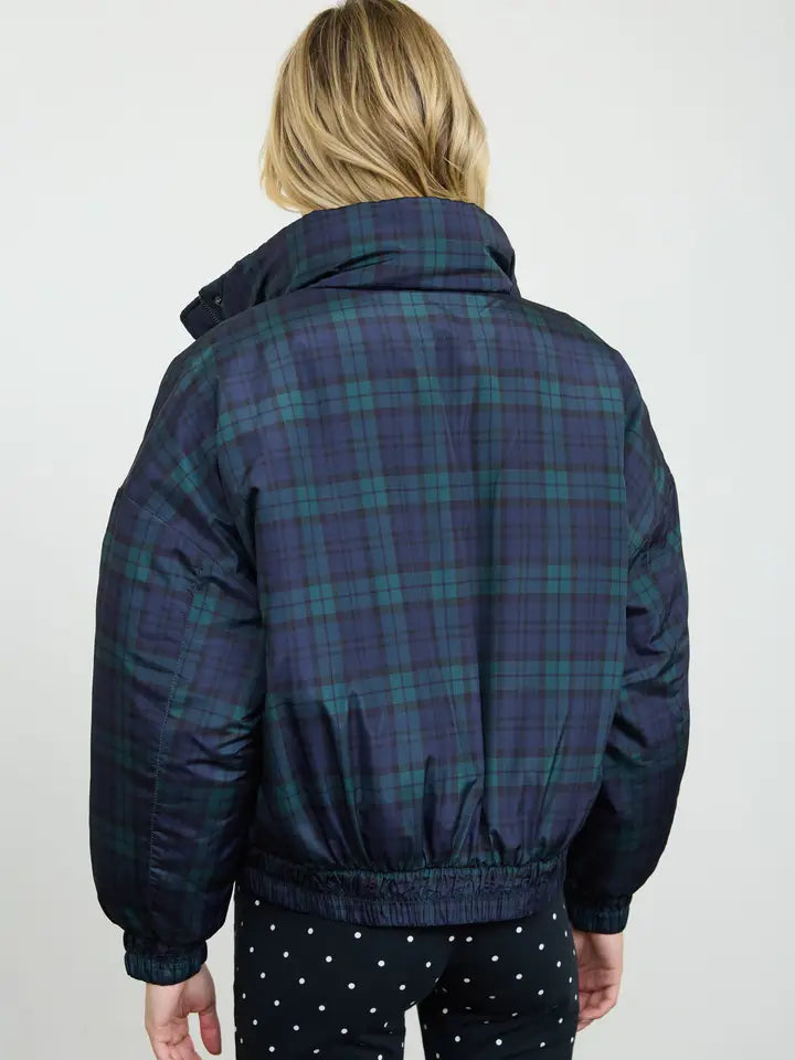Plaid Mock Neck Puffer Jacket - Hunter Green