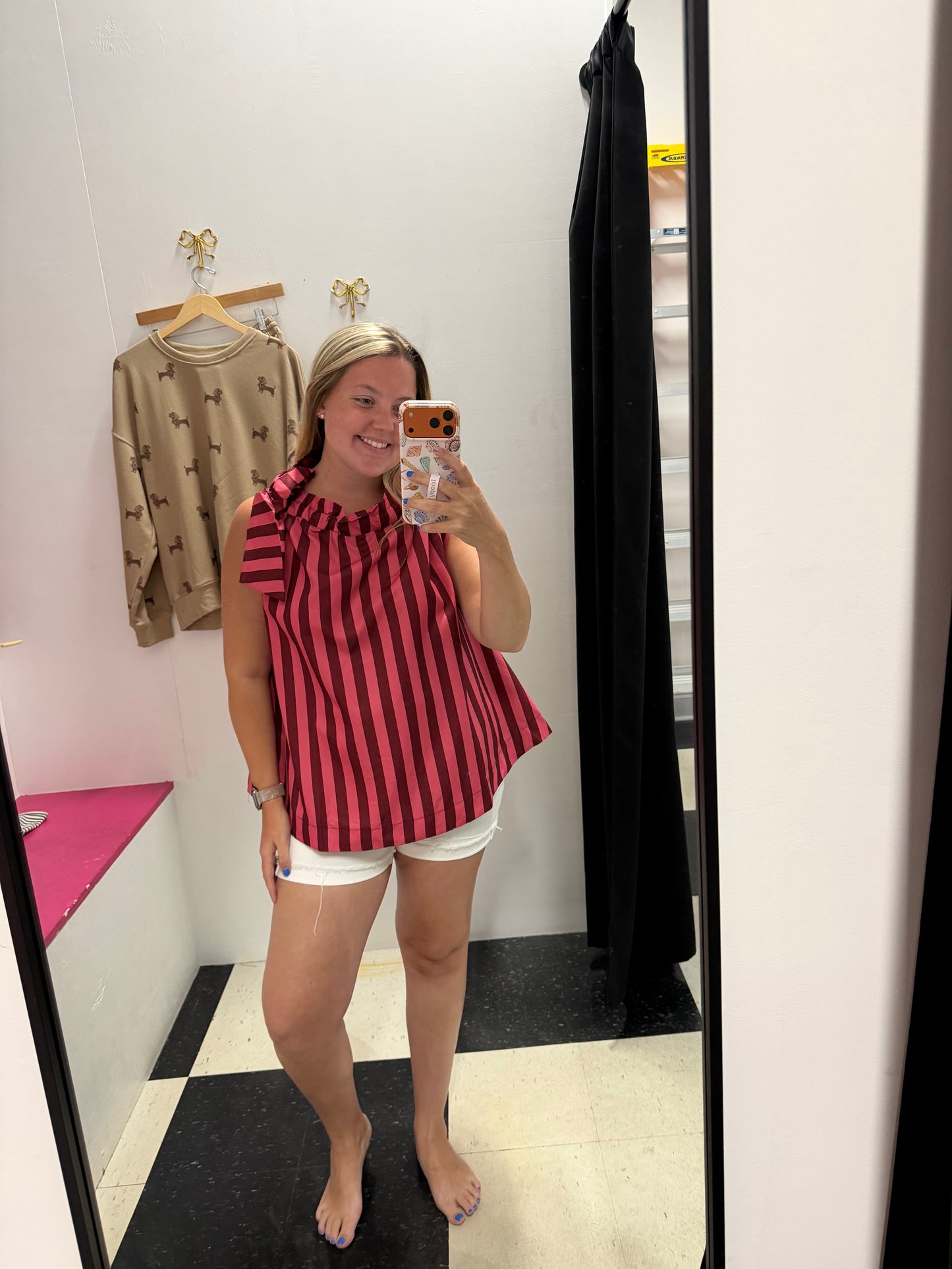 Ruffle Neck Tie Striped Top