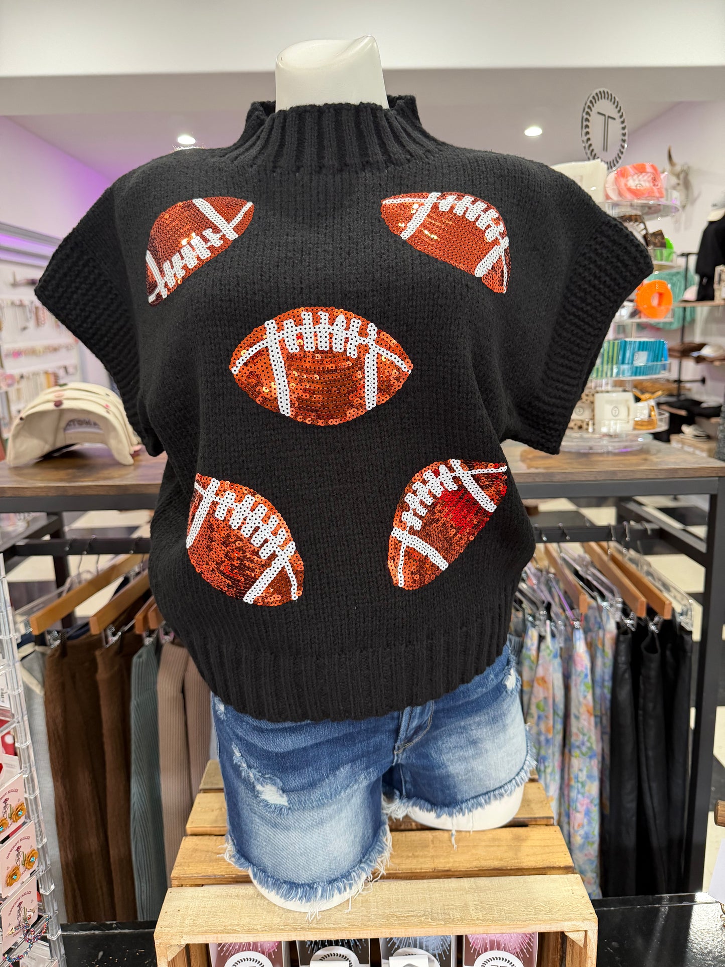 Sequin Football Patch Sweater - Black