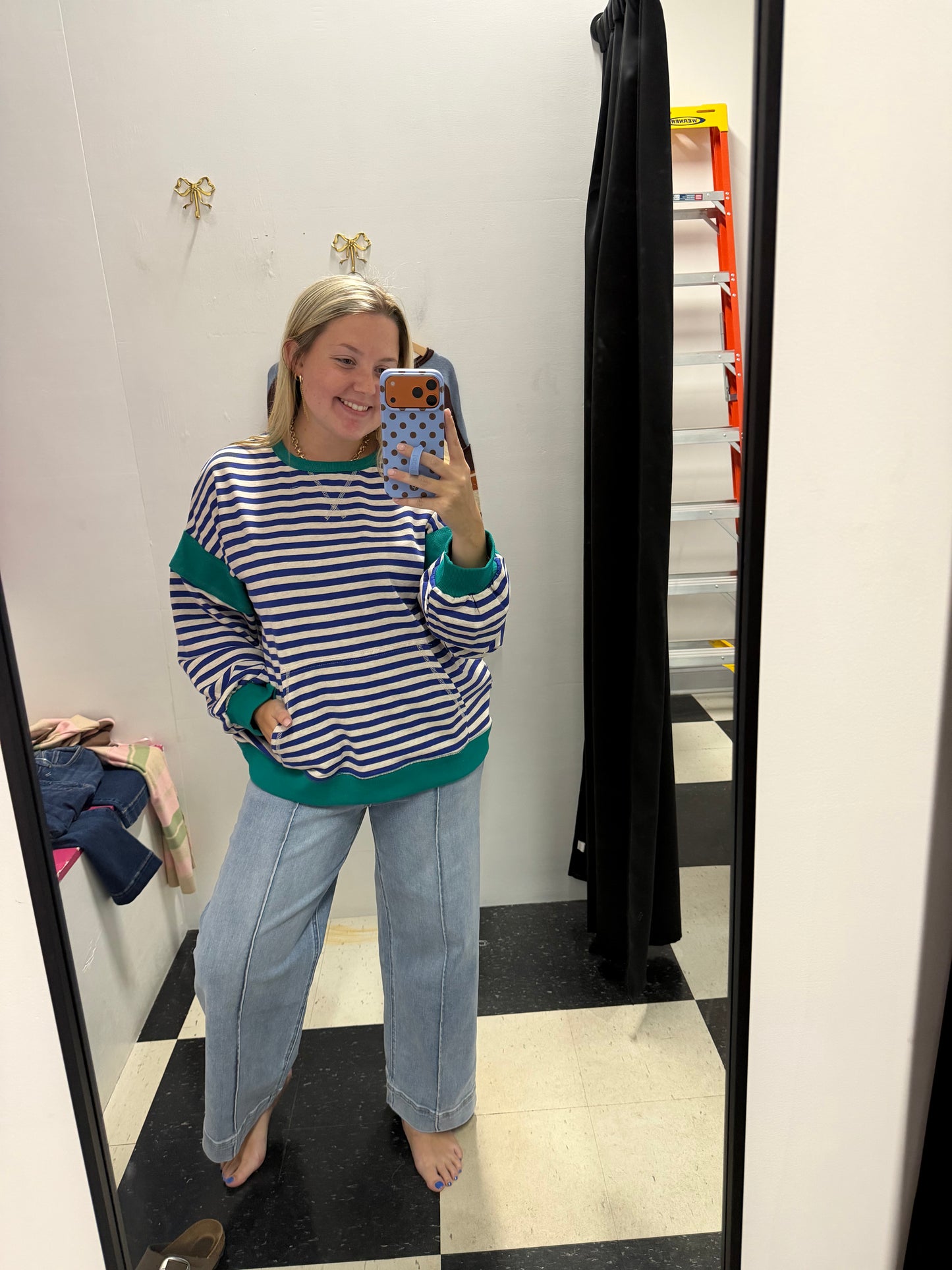 Color block Stripe Crewneck Top - Royal Blue/ Oat