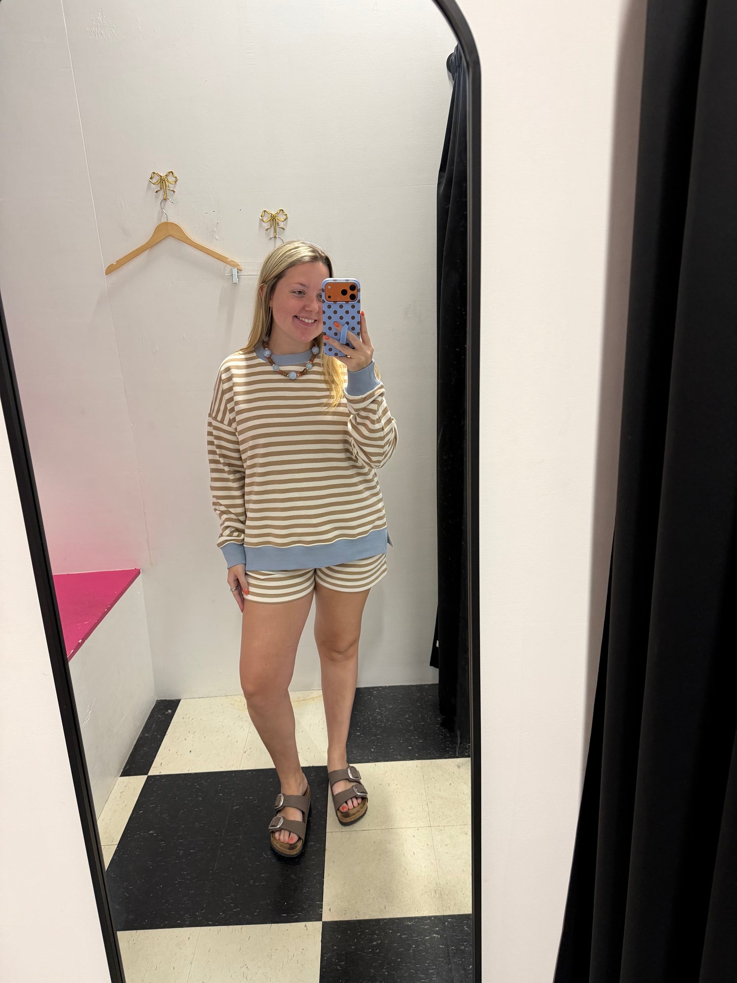 Striped Contrast Ribbed Waist Knit Shorts - Khaki Multi