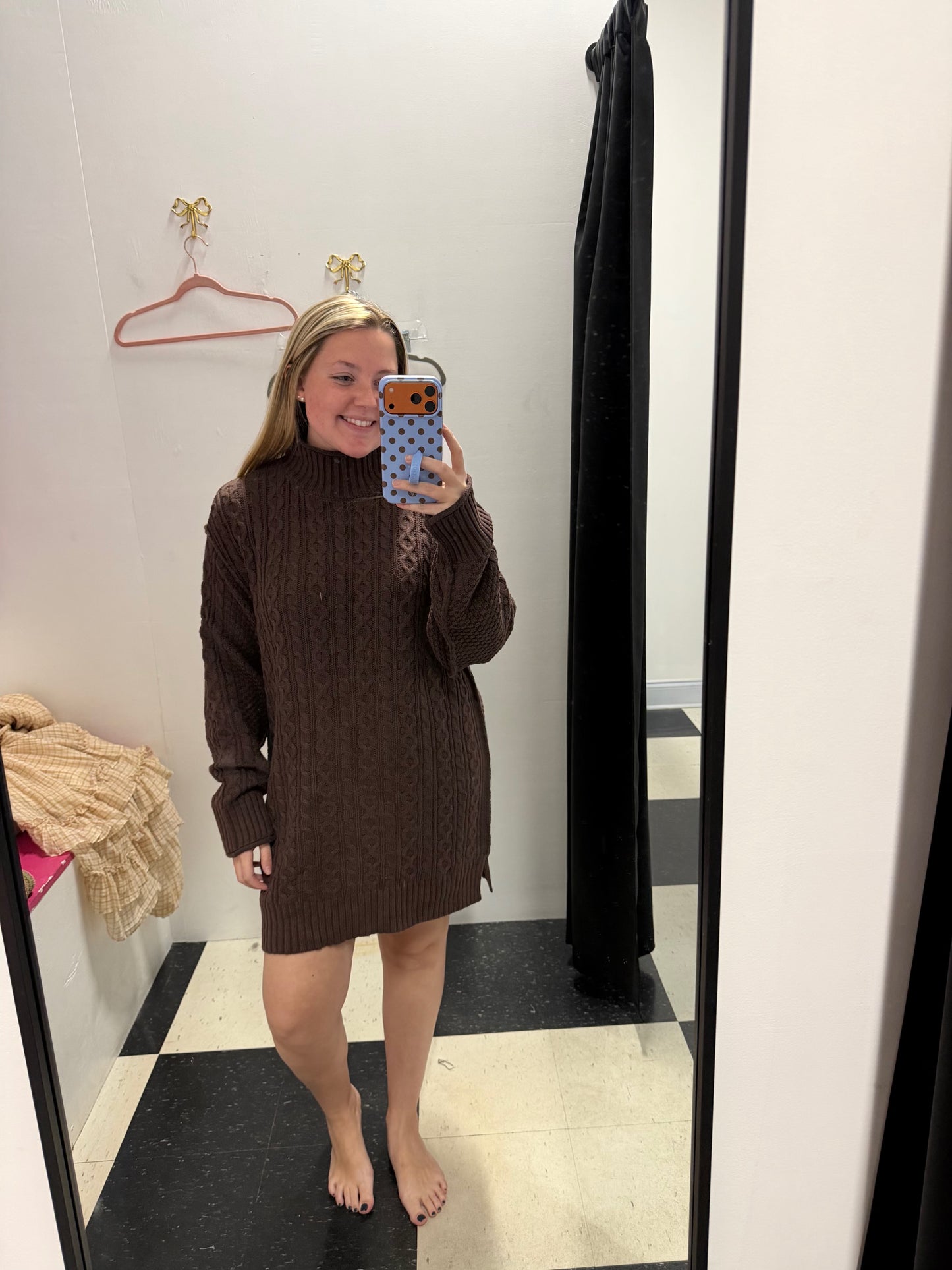 Cable Knit Mock Neck Mini Sweater Dress - Chocolate