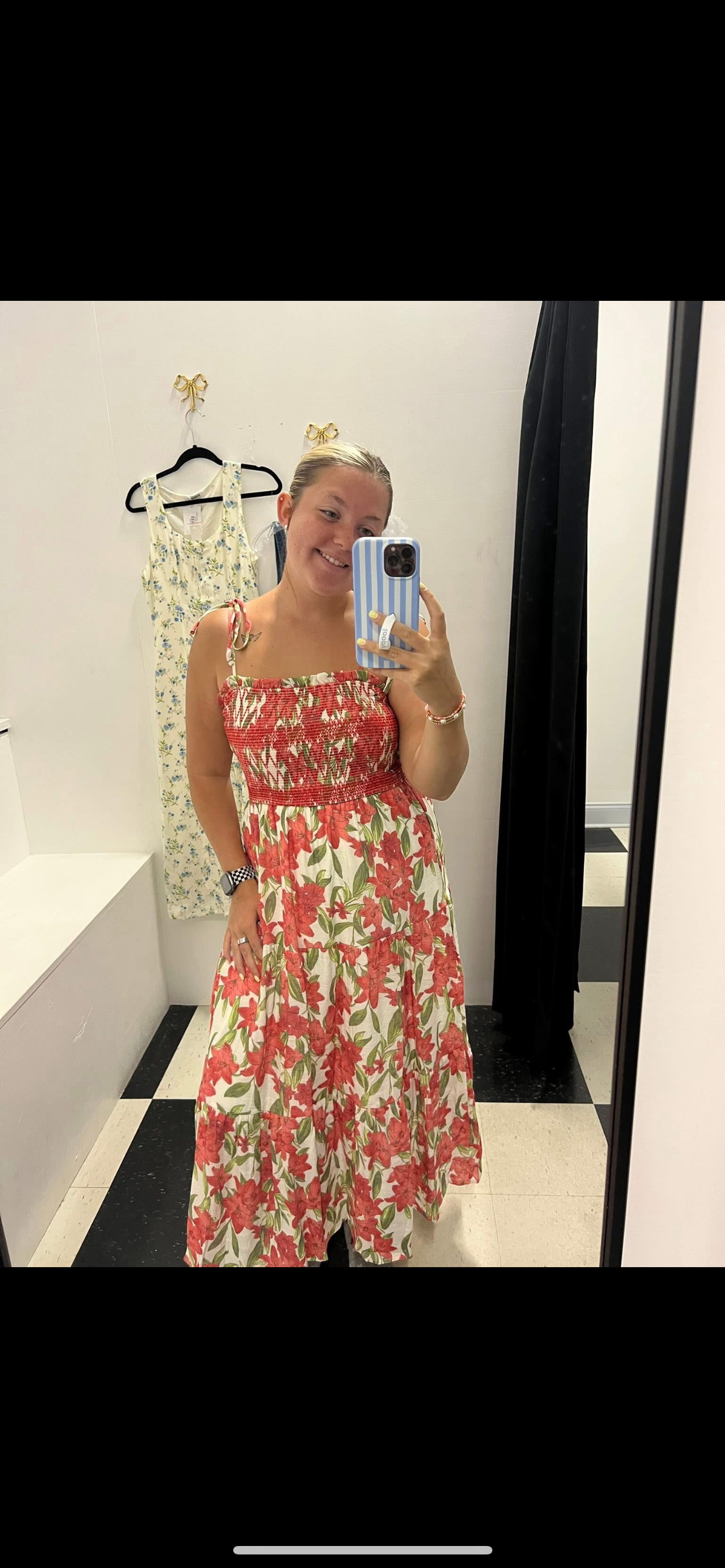 SMOCKED FLORAL TIERED MIDI DRESS