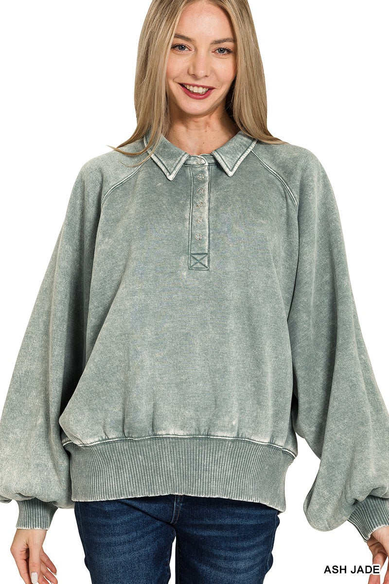 ACID WASH BUTTON UP COLLARED PULLOVER - ASH JADE