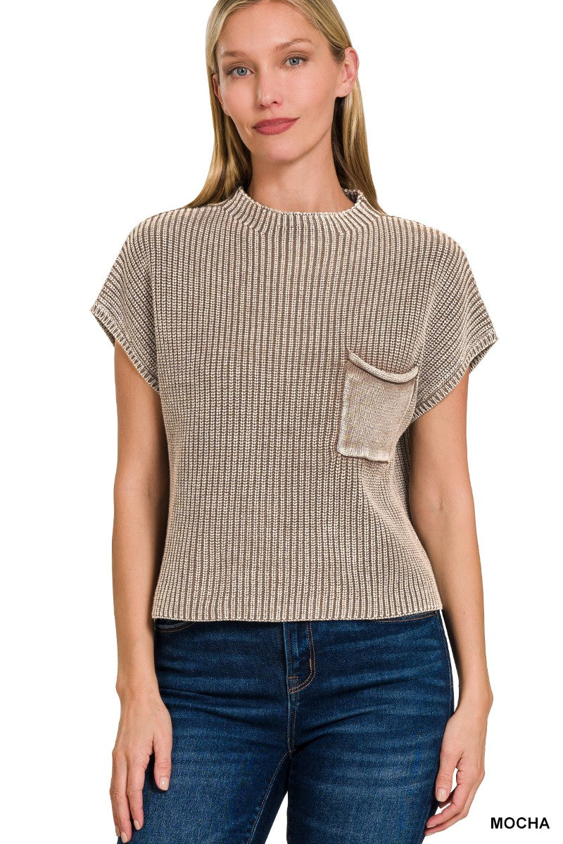 WASHED MOCK NECK CROPPED SWEATER - MOCHA
