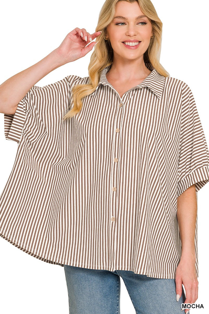 OVERSIZE STRIPED BUTTON DOWN TOP - MOCHA