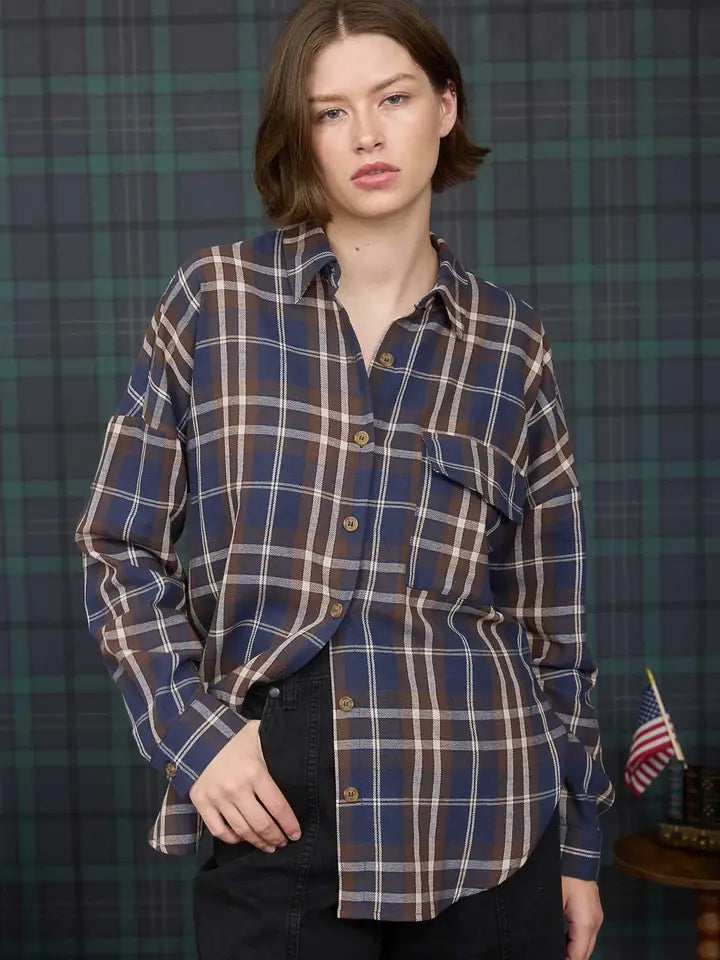 QUINN PLAID BUTTON DOWN SHIRT - NAVY