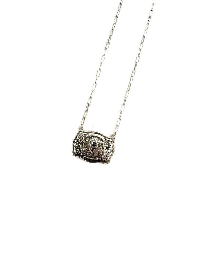 Western Belt Buckle Initial Necklace - P