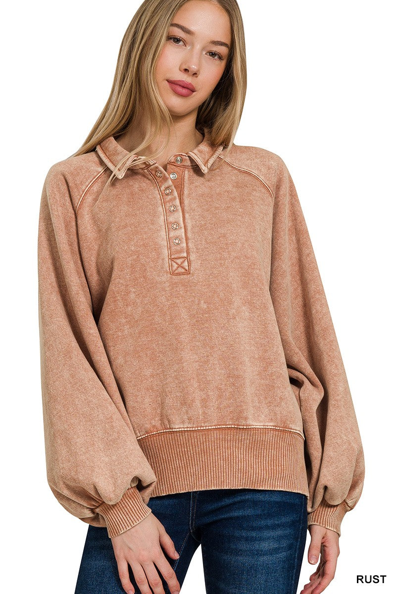 ACID WASH BUTTON UP COLLARED PULLOVER - RUST