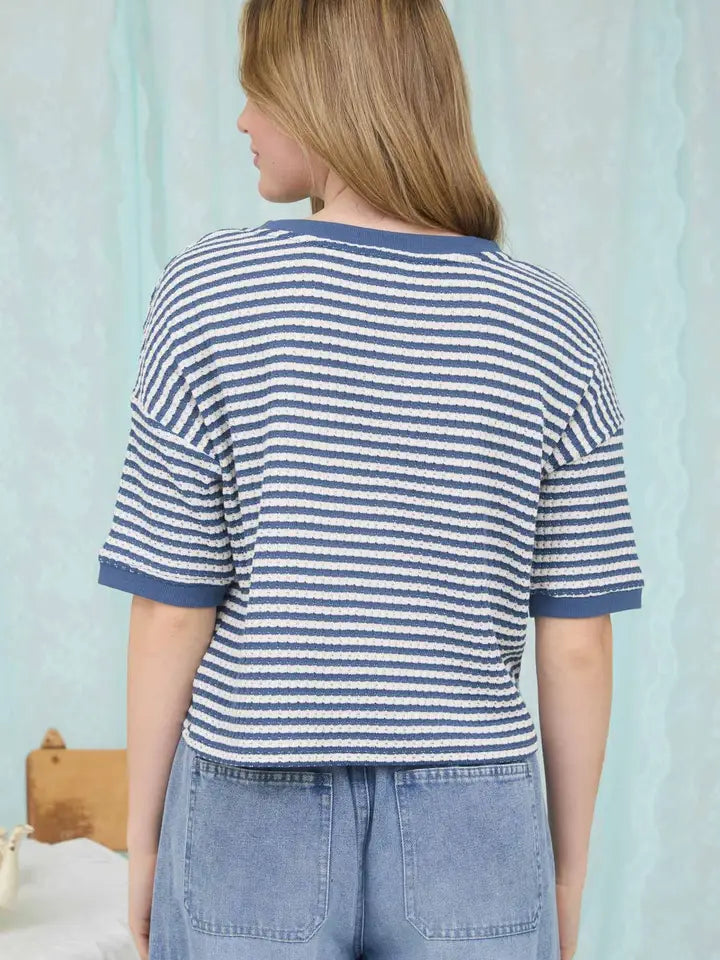 STRIPED BUTTON DOWN KNIT TOP