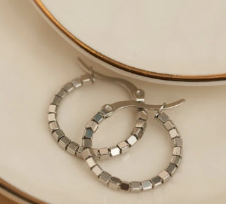 Waterproof Jewelry - Square Beaded Hoops - Silver