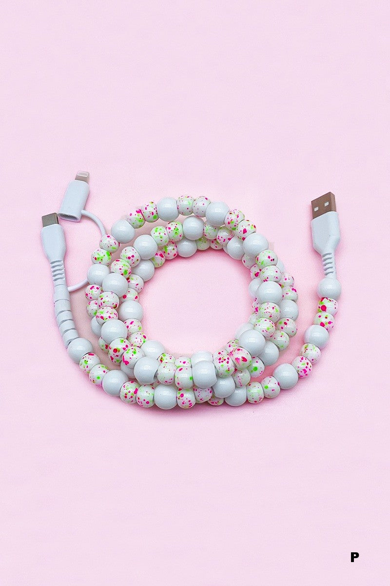 BEADED DUAL USB CHARGING CORD - WHITE FLORAL