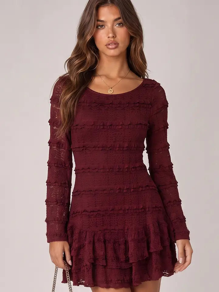TIERED LACE RUFFLE MINI DRESS