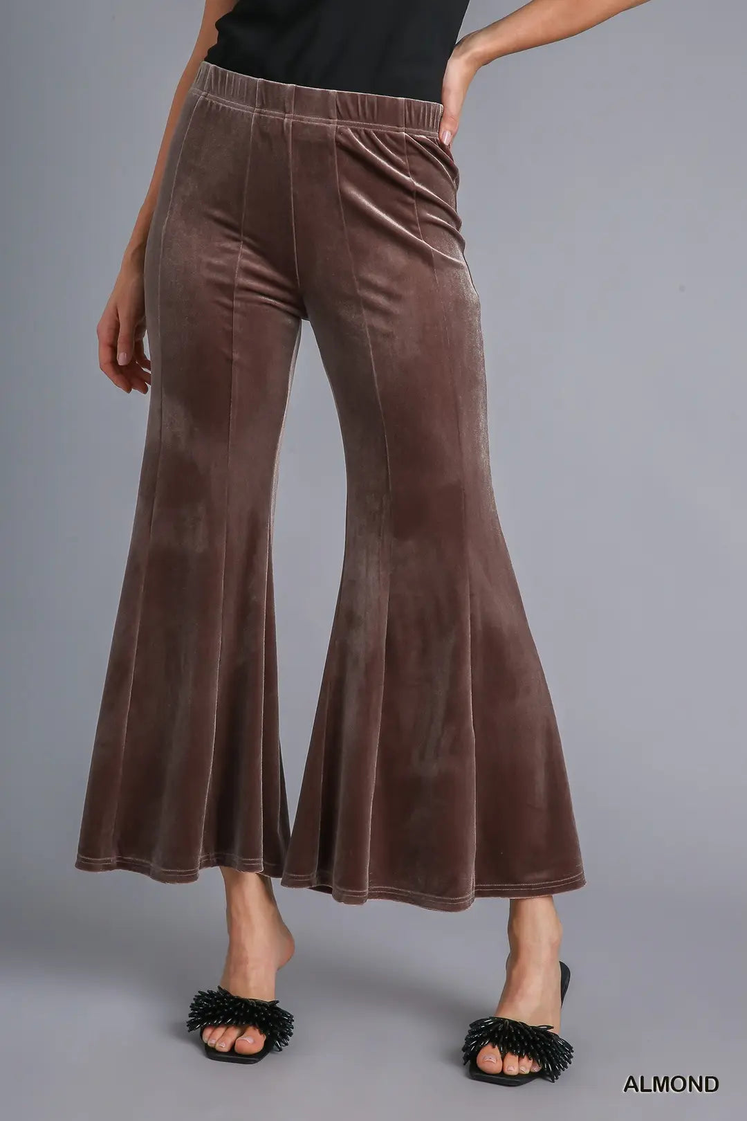 High Waist Velvet Flare Pants - Almond