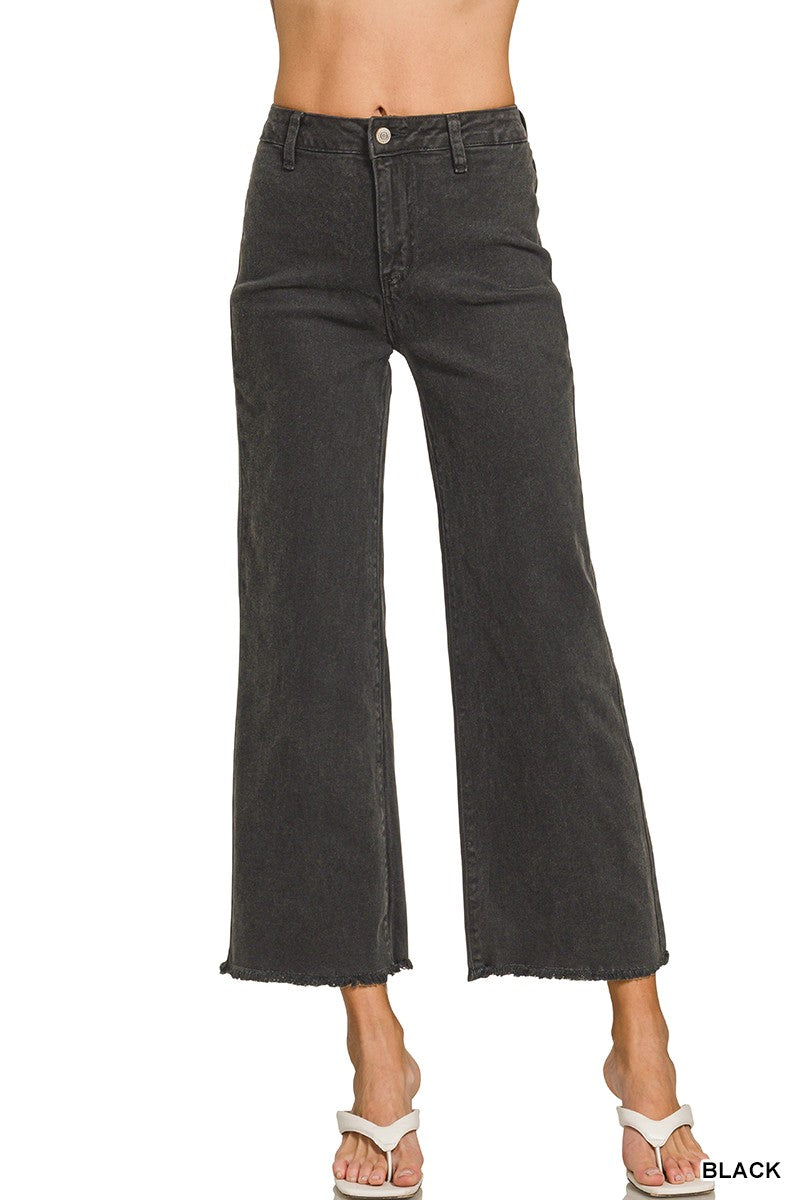 Acid Wash Frayed Hem Straight Pants - Black