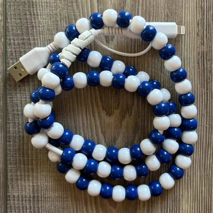 beaded phone charger - blue/white