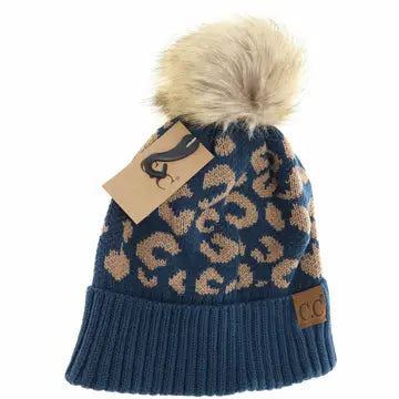 Leopard Pattern Fur Pom Beanie - Blue
