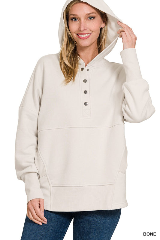 HALF BUTTON FLEECE HOODED PULLOVER