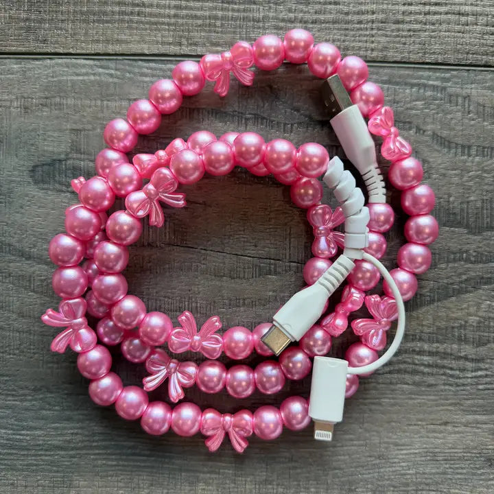 beaded phone charger - pink bow