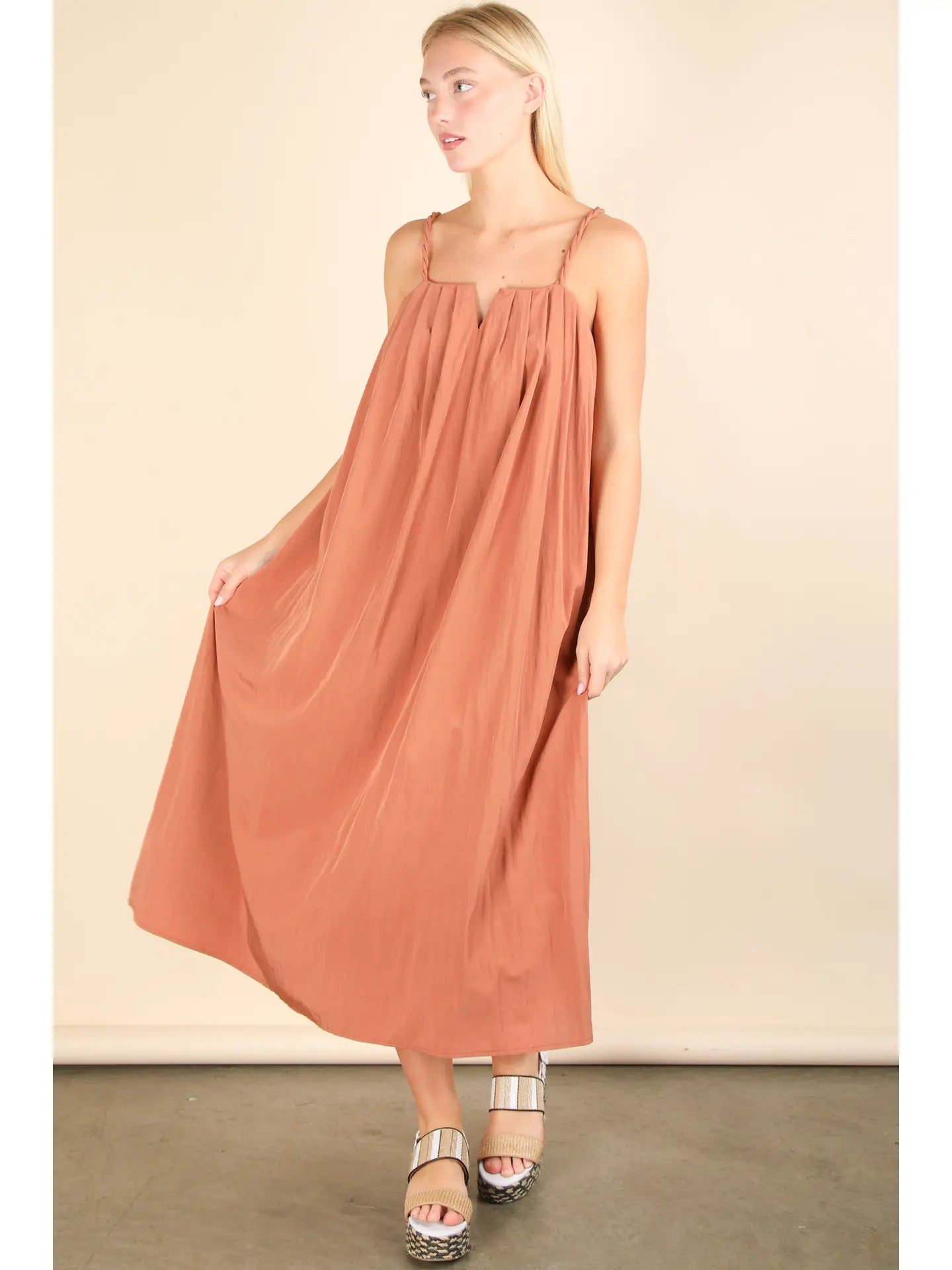 Pleated Solid Woven Midi Dress
