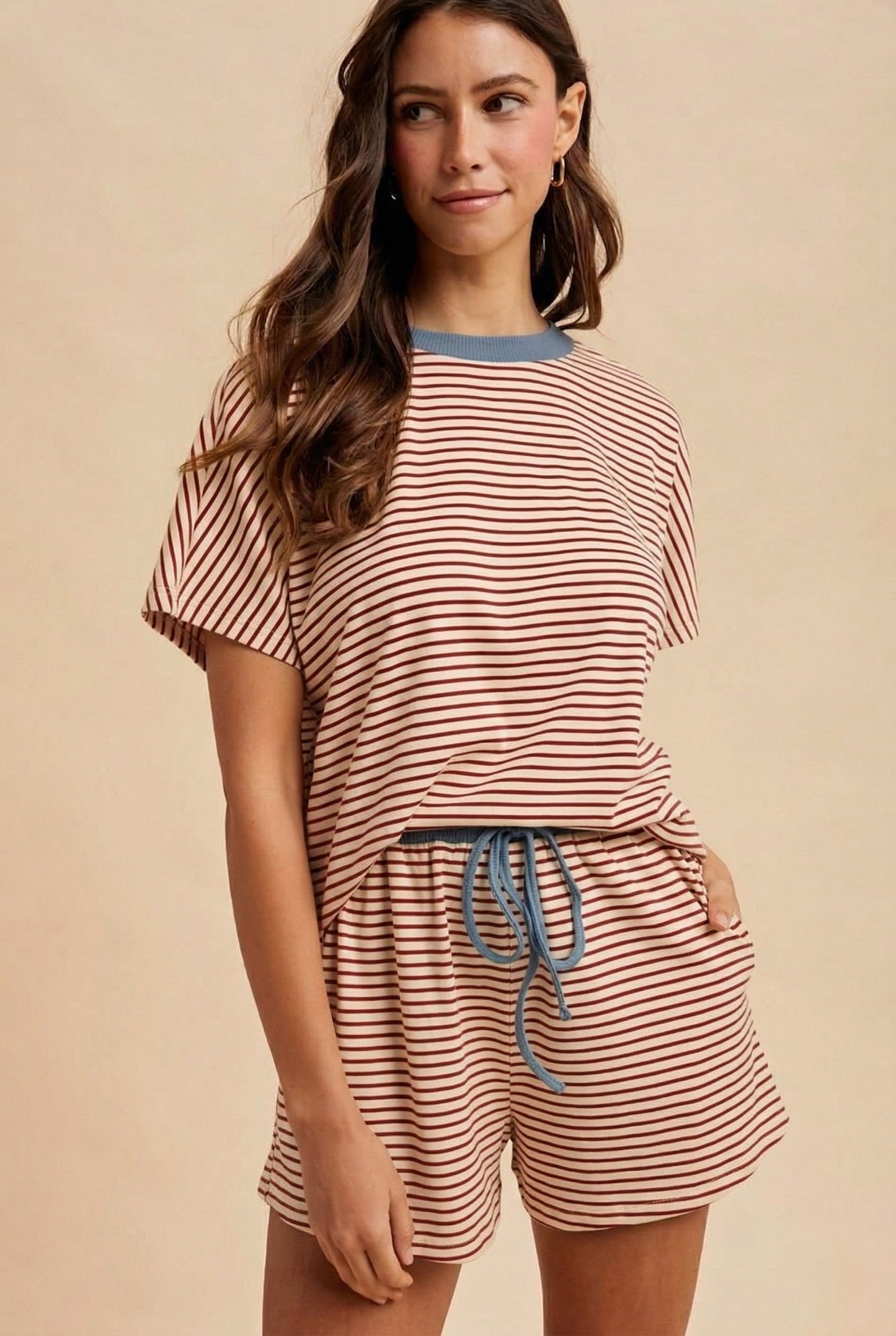 TRINITY STRIPED SHORTS - BRICK/BLUE