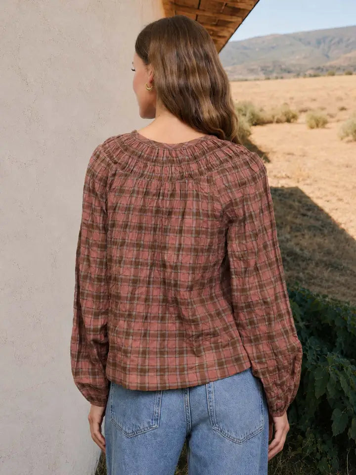 Plaid Shirred Front Tie Top
