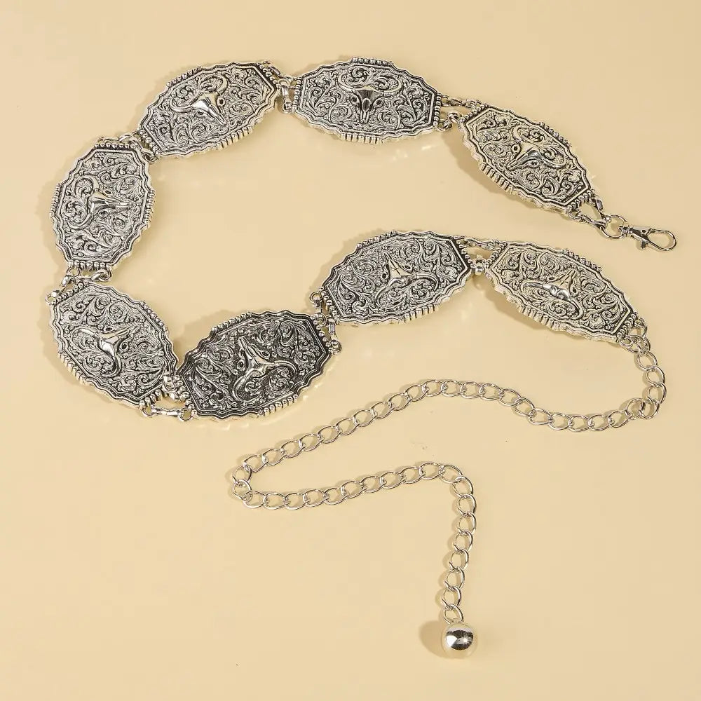Western Bull Skull Engraved Concho Belt - Silver