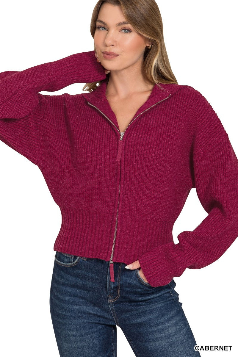 Collared Zip Up Sweater - Cabernet