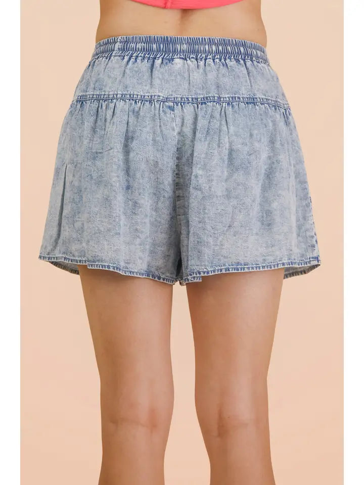 washed chambray flare shorts