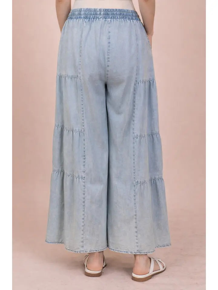 Tiered Mineral Washed Chambray Pants