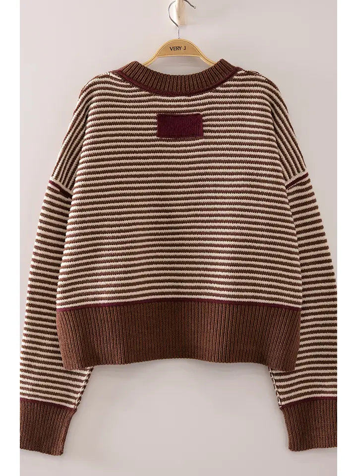 contrast trim stripe knit sweater - chocolate