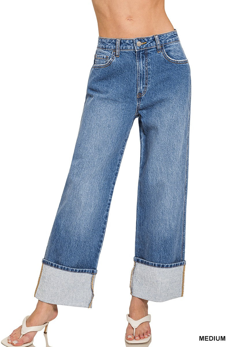 High Rise Cuffed Wide Leg Jeans