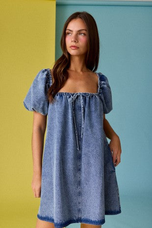 denim puff sleeve mini dress