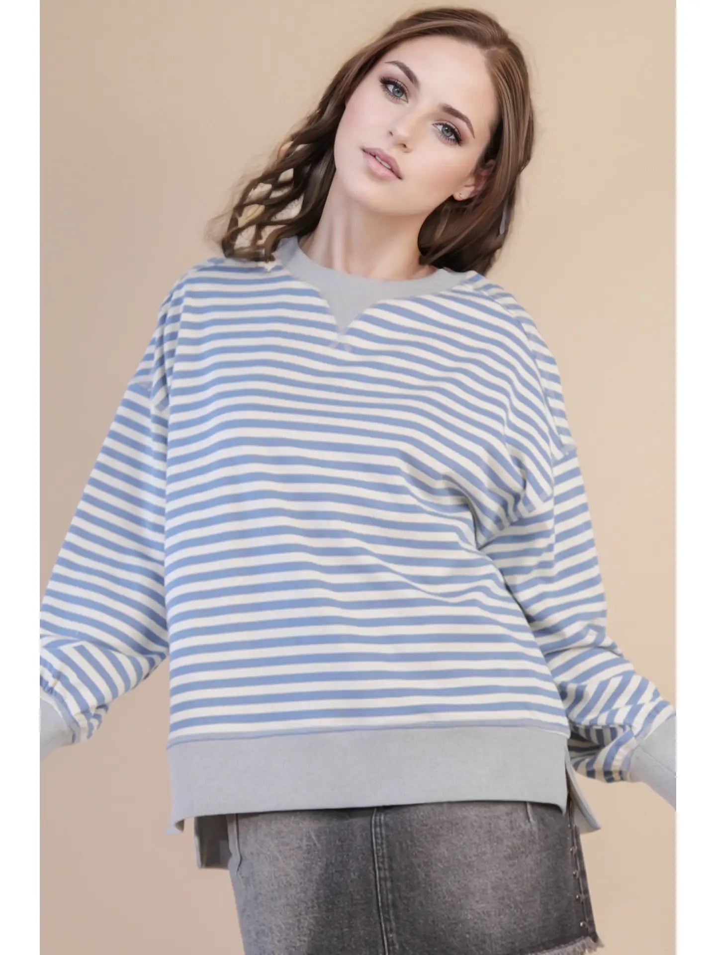 Seein' Stripes Oversized Top - Denim/Cream