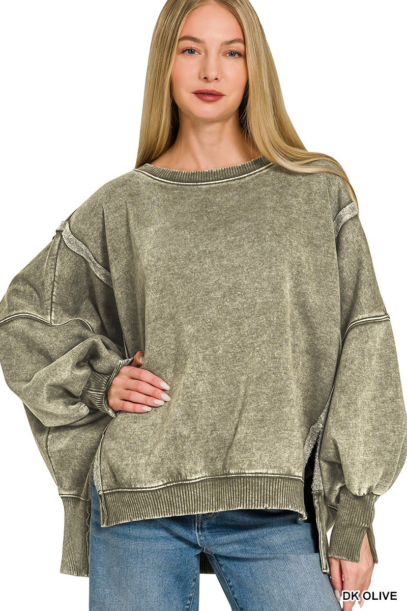 acid washed batwing sweatshirt - dk olive